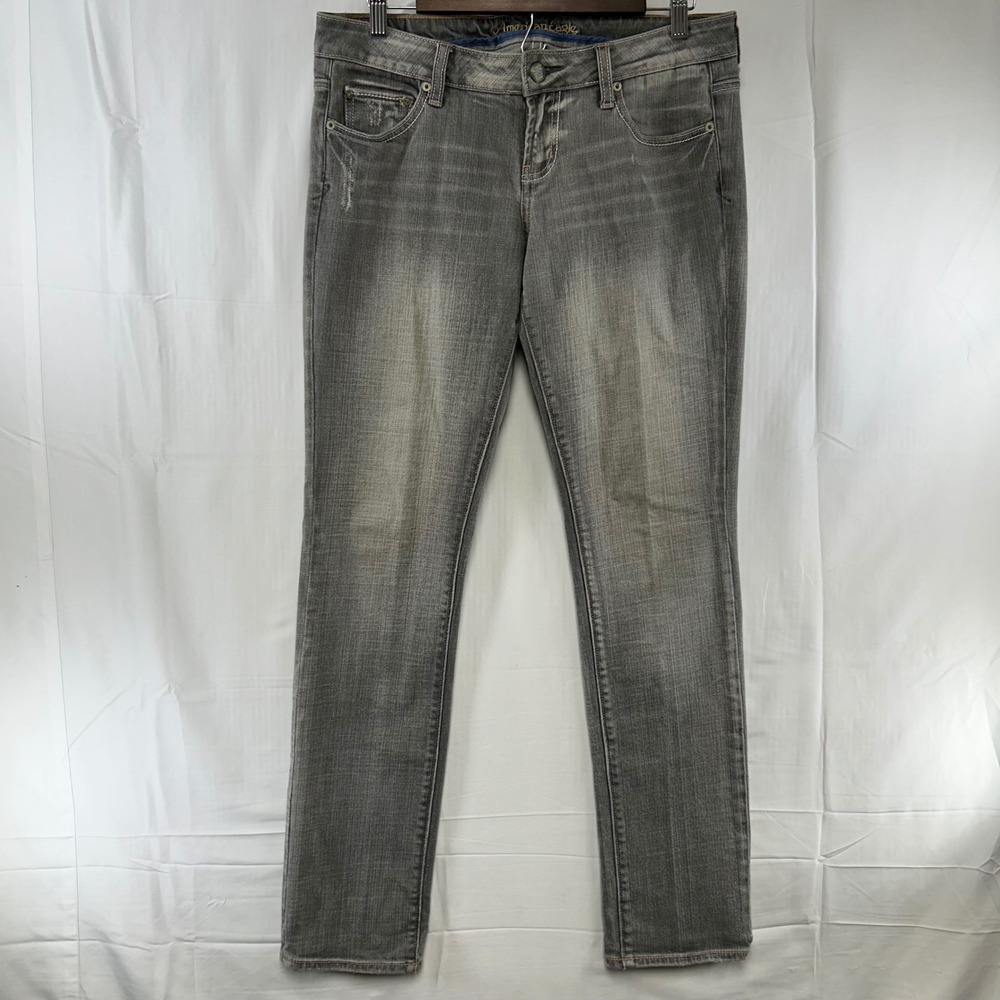 American Eagle Skinny 77 Jeans Womens 10 Grey Faded Stretch Low Rise